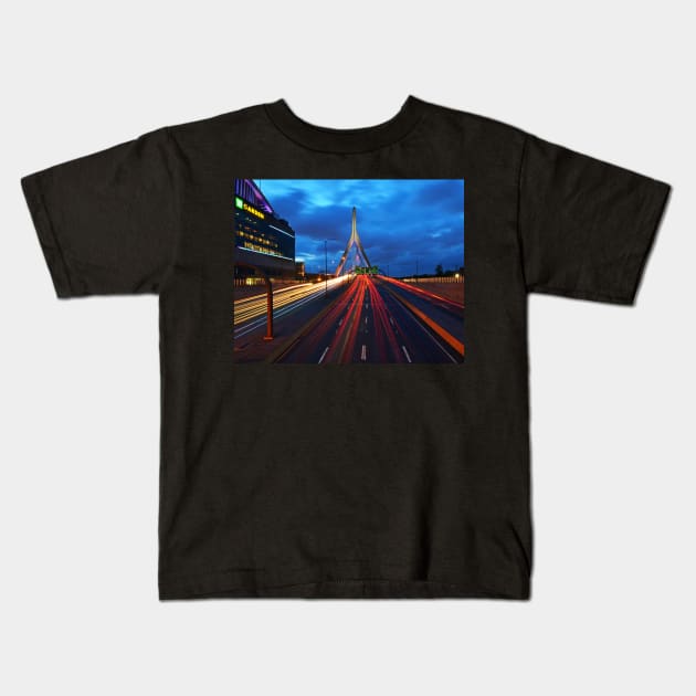 Zakim Bridge Car Trails Boston MA Kids T-Shirt by WayneOxfordPh